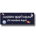 Banner Happy Birthday PartyStore con temática espacial, astronauta, cohete y estrellas sobre fondo de galaxia
