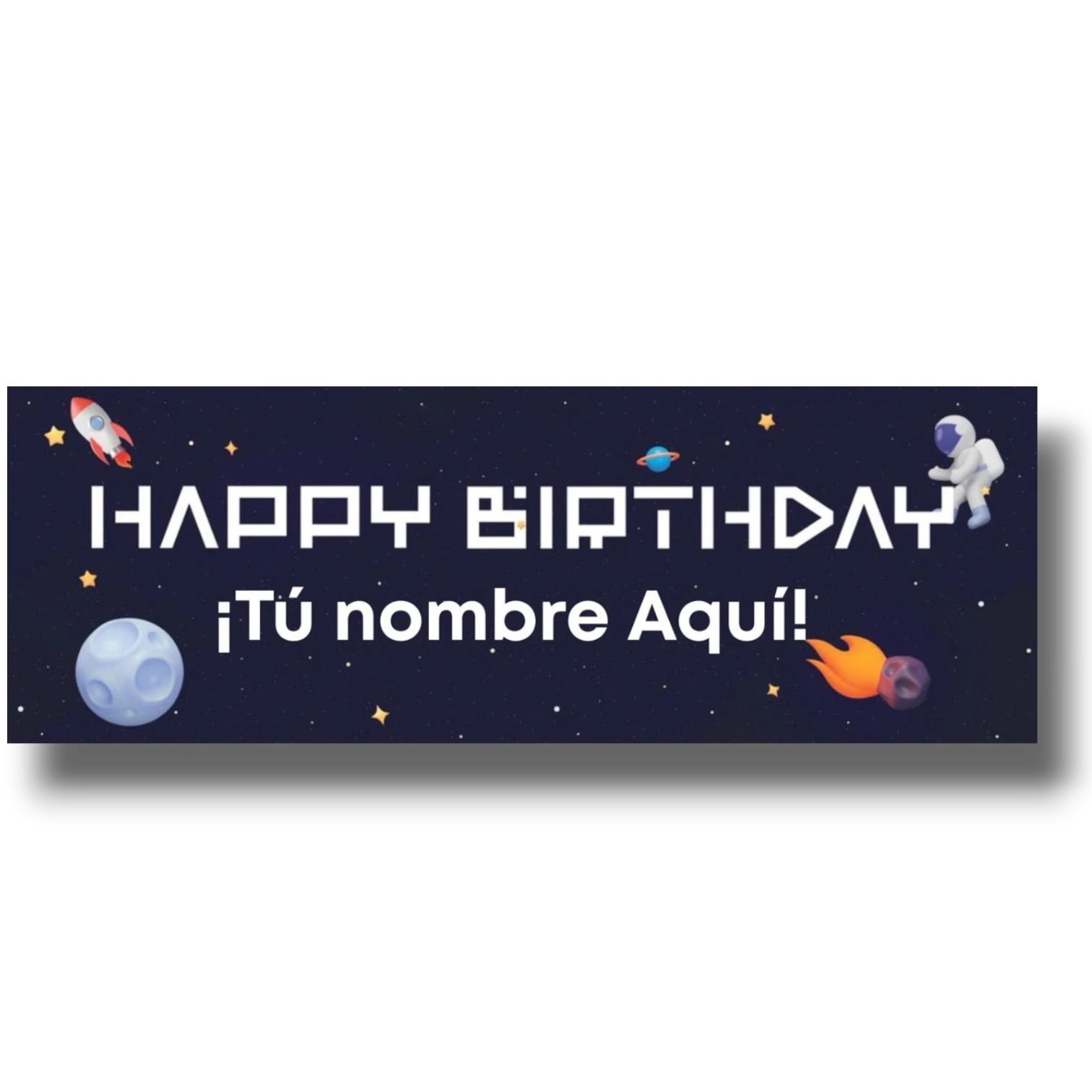 Banner Happy Birthday PartyStore con temática espacial, astronauta, cohete y estrellas sobre fondo de galaxia