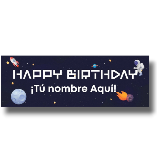 Banner Happy Birthday PartyStore con temática espacial, astronauta, cohete y estrellas sobre fondo de galaxia