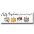 Banner de cumpleaños PartyStore con diseño de gatitos coloridos, sombreros de fiesta y confeti, personalizable.