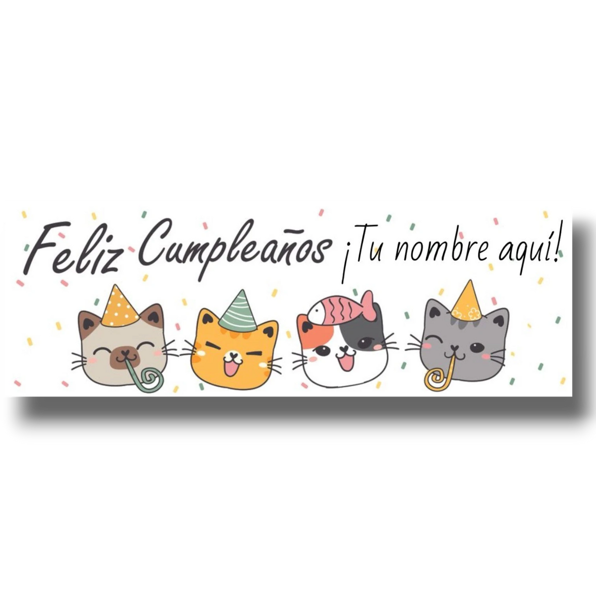 Banner de cumpleaños PartyStore con diseño de gatitos coloridos, sombreros de fiesta y confeti, personalizable.