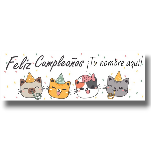 Banner de cumpleaños PartyStore con diseño de gatitos coloridos, sombreros de fiesta y confeti, personalizable.
