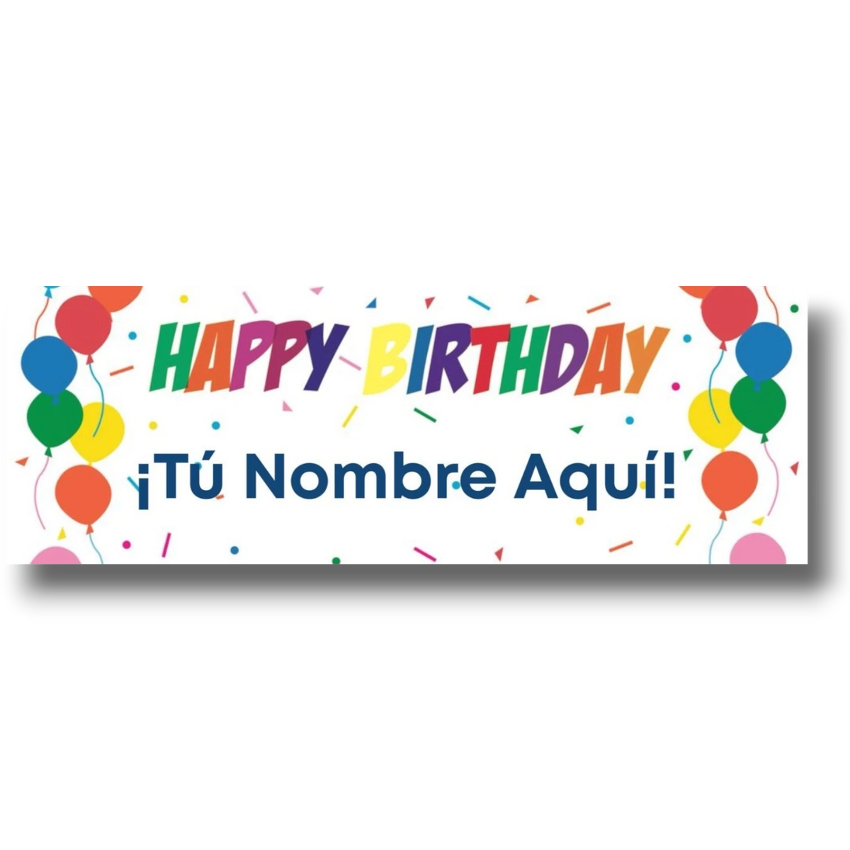 Banner de cumpleaños PartyStore con globos coloridos, confeti y espacio personalizable para nombre