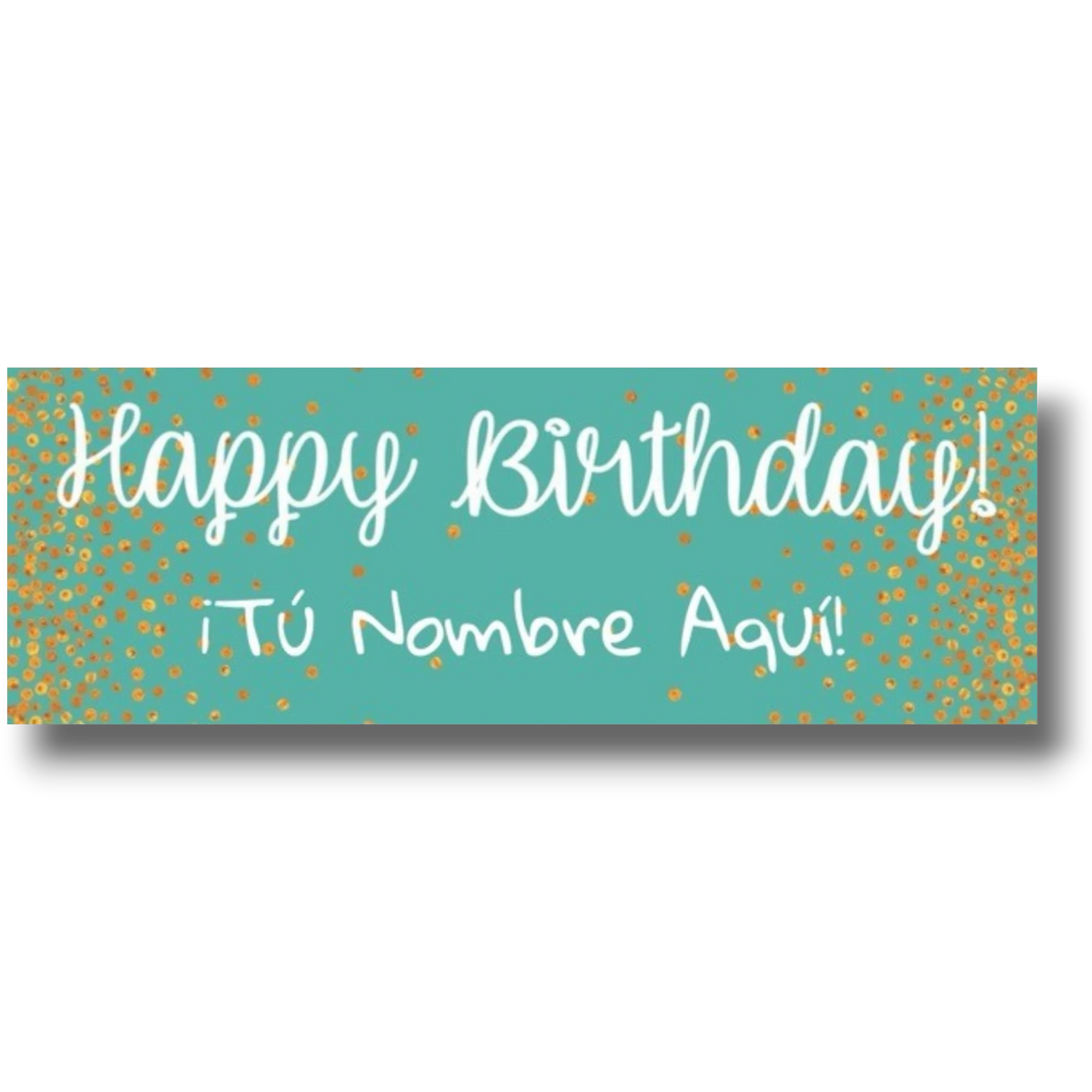 Banner de cumpleaños PartyStore color menta con confeti dorado y texto personalizable Happy Birthday