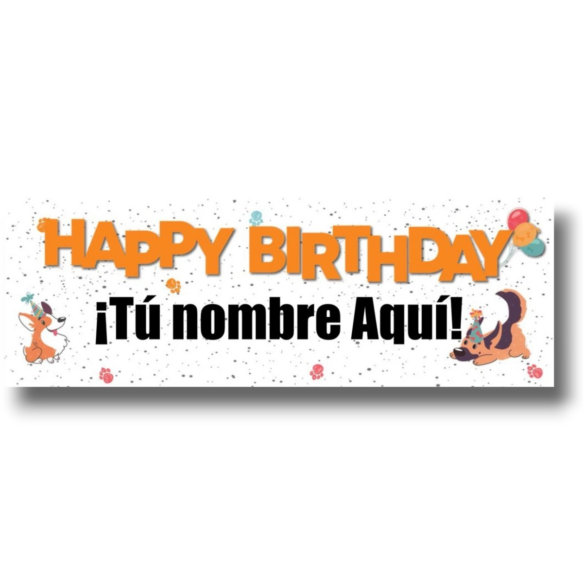 Banner de cumpleaños PartyStore con diseño de perros, globos y espacio personalizable para nombre
