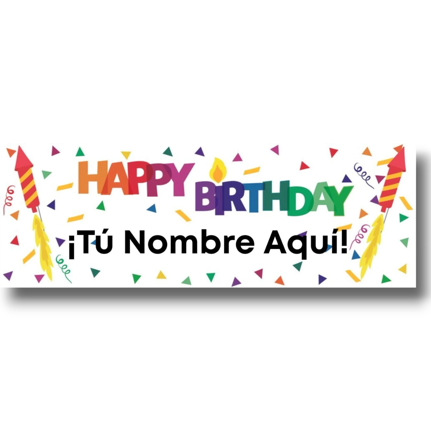 Banner de cumpleaños PartyStore personalizable con letras coloridas, cohetes y confeti sobre fondo blanco