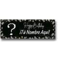 Banner de cumpleaños PartyStore personalizable con fondo negro, confeti dorado y plateado y signo de interrogación
