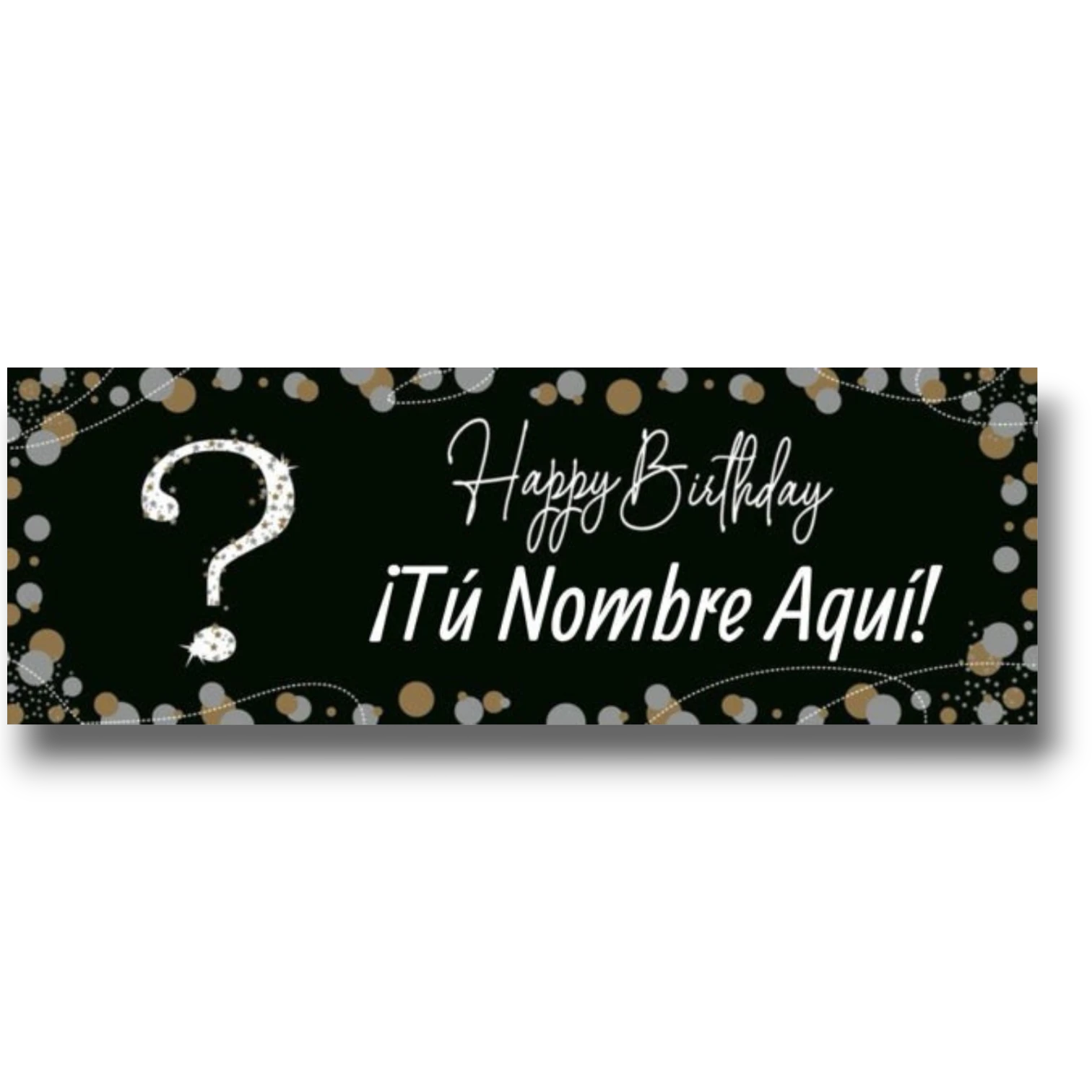 Banner de cumpleaños PartyStore personalizable con fondo negro, confeti dorado y plateado y signo de interrogación