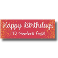 Banner de cumpleaños PartyStore rojo con confeti dorado y texto personalizable en caligrafía blanca