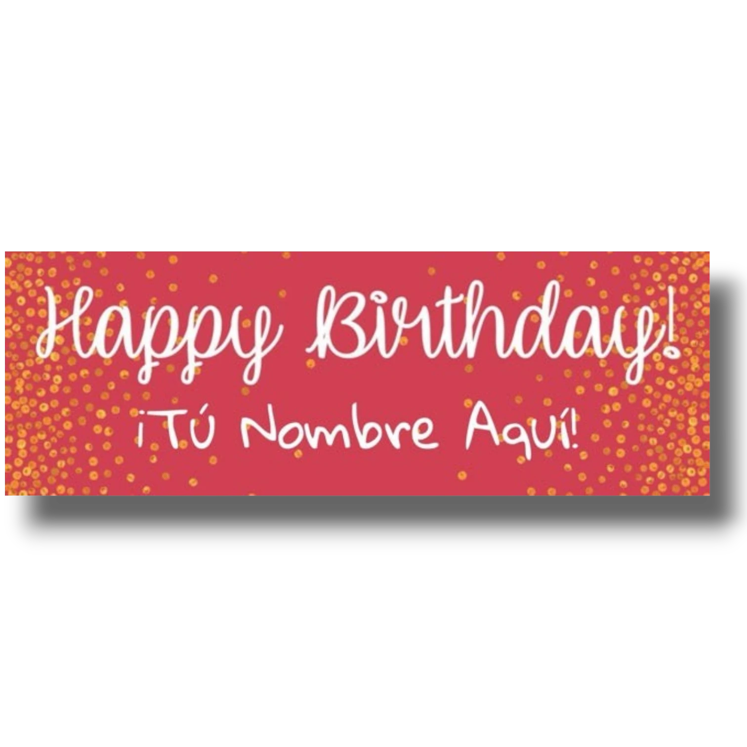 Banner de cumpleaños PartyStore rojo con confeti dorado y texto personalizable en caligrafía blanca