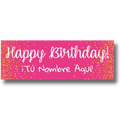 Banner de cumpleaños PartyStore rosa con letras blancas y detalles de confeti dorado personalizable
