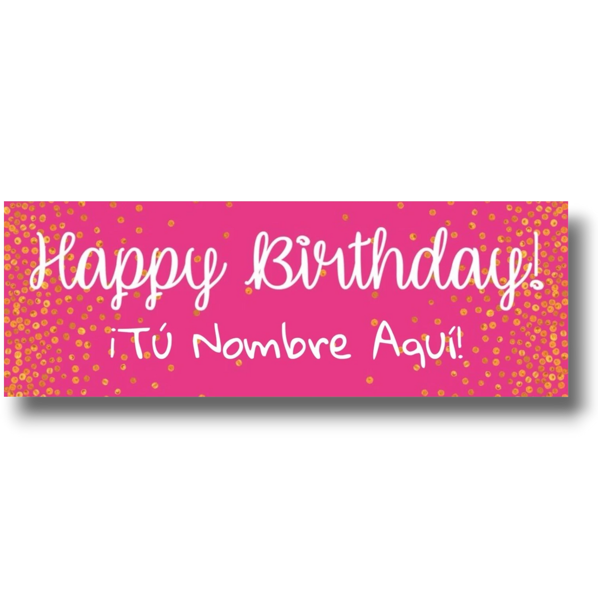 Banner de cumpleaños PartyStore rosa con letras blancas y detalles de confeti dorado personalizable