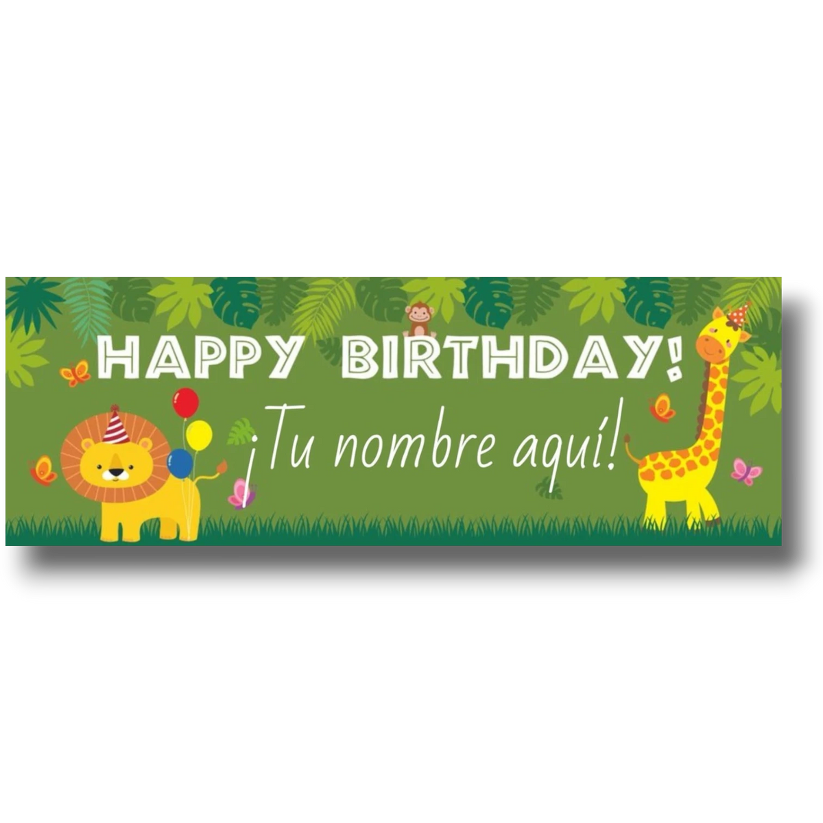 Banner de PartyStore con temática safari, animales de la selva, globos y texto personalizable de Feliz Cumpleaños