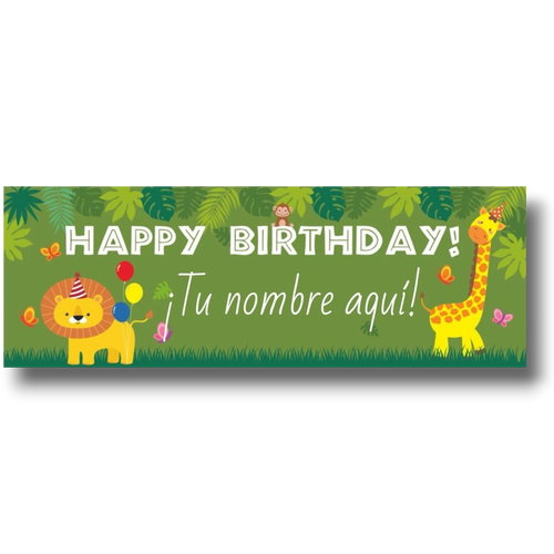 Banner de PartyStore con temática safari, animales de la selva, globos y texto personalizable de Feliz Cumpleaños