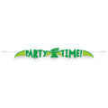 Banner decorativo PartyStore con diseño de dinosaurio verde y azul y el texto Party Time para fiestas infantiles