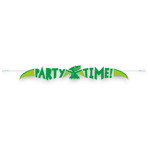 Banner decorativo PartyStore con diseño de dinosaurio verde y azul y el texto Party Time para fiestas infantiles