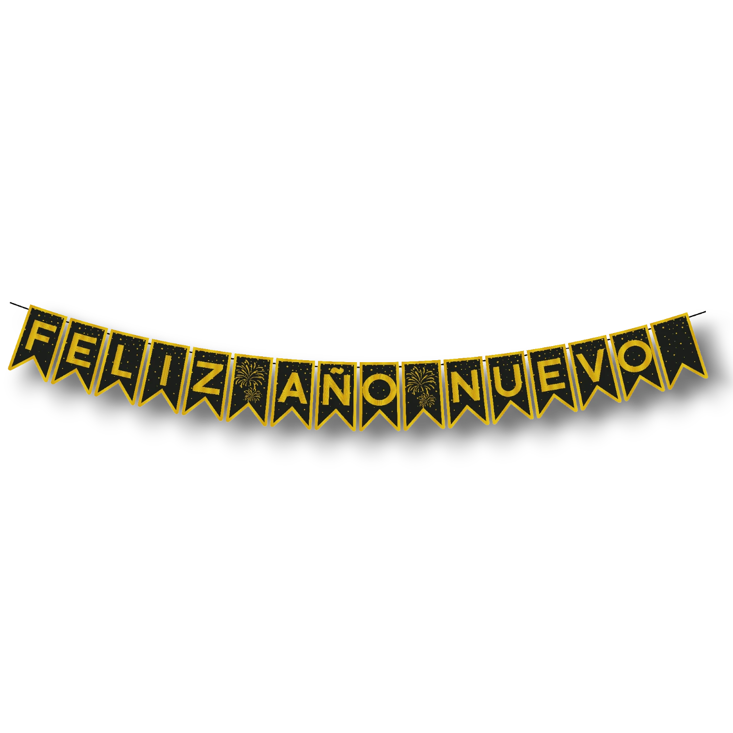 Banner PartyStore Feliz Año Nuevo en color negro y dorado con diseño de fuegos artificiales para decoración festiva