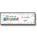 Banner PartyStore de Feliz Retiro personalizable con confeti colorido y tipografía festiva sobre fondo blanco