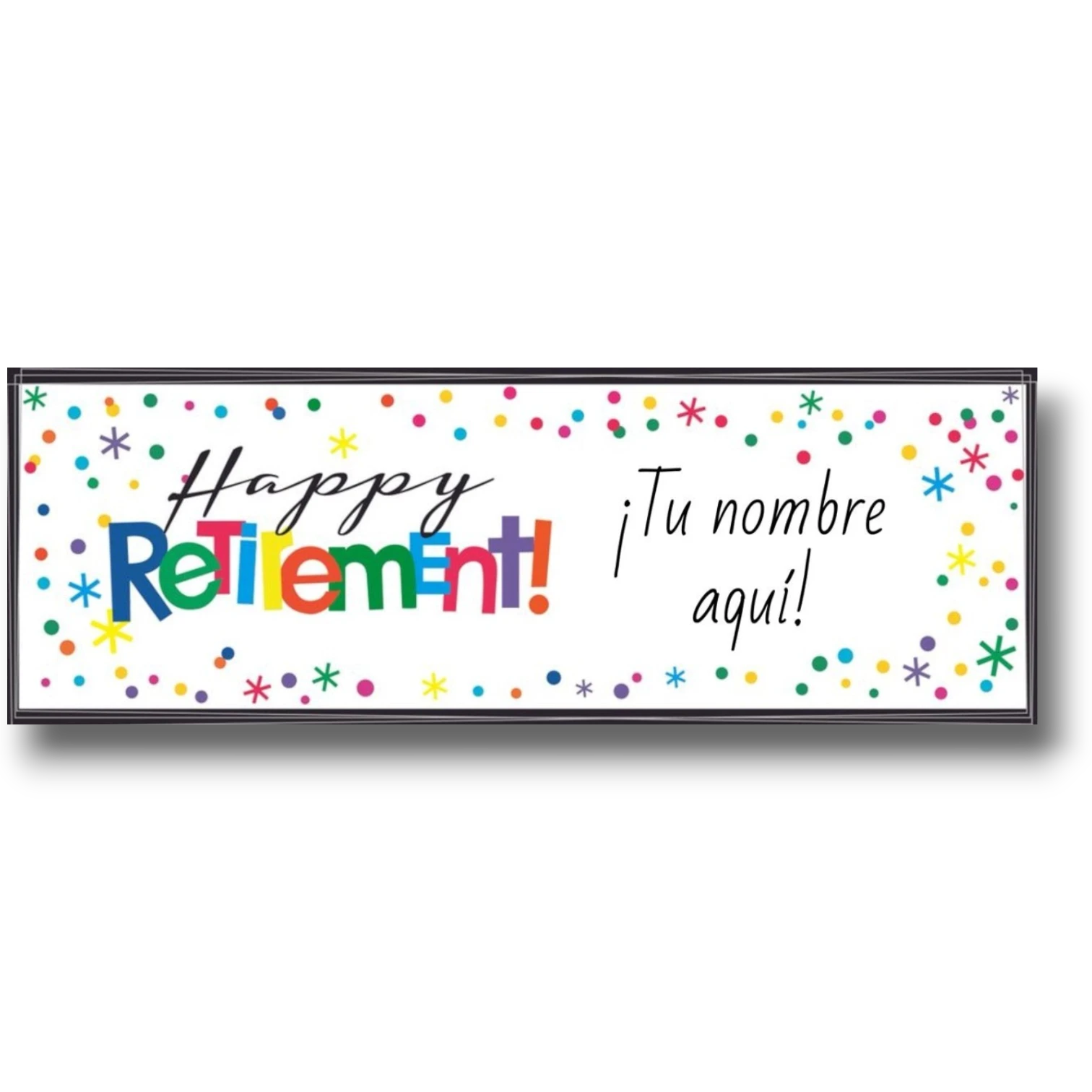 Banner PartyStore de Feliz Retiro personalizable con confeti colorido y tipografía festiva sobre fondo blanco