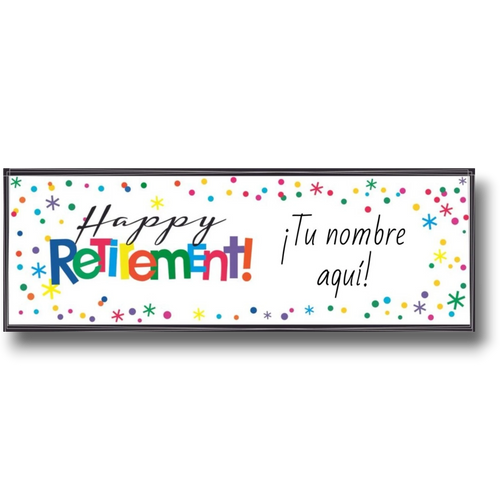 Banner PartyStore de Feliz Retiro personalizable con confeti colorido y tipografía festiva sobre fondo blanco