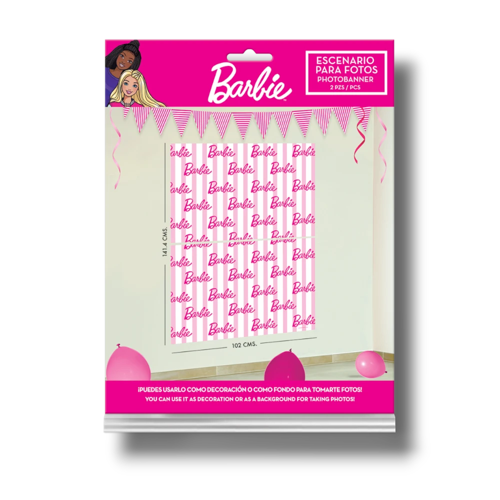 Banner de fotos PartyStore con diseño de rayas rosas y logo de Barbie para decoración de fiestas infantiles