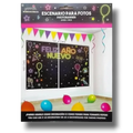 Banner de fotos PartyStore con diseño de Año Nuevo en estilo neón sobre fondo negro con banderines coloridos