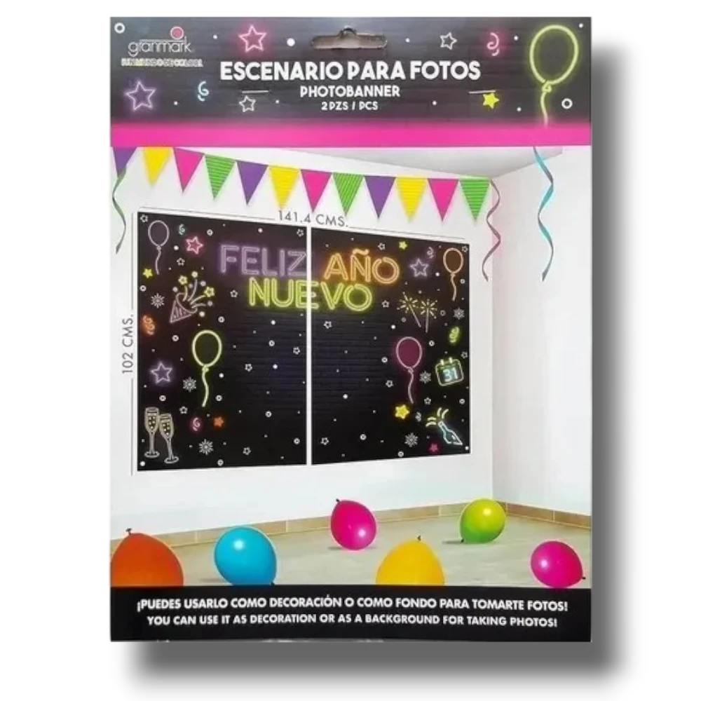 Banner de fotos PartyStore con diseño de Año Nuevo en estilo neón sobre fondo negro con banderines coloridos