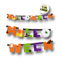 Banner decorativo de Halloween PartyStore de 1.3 metros con letras coloridas, ojos, fantasmas y motivos festivos.