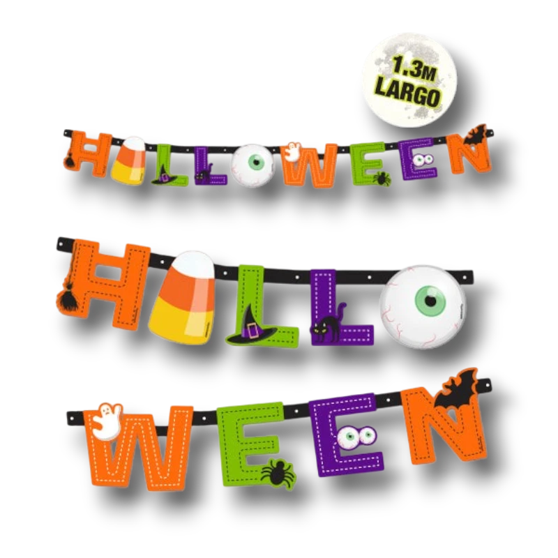 Banner decorativo de Halloween PartyStore de 1.3 metros con letras coloridas, ojos, fantasmas y motivos festivos.
