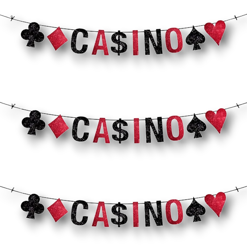 Banner de letras PartyStore con temática de casino, decorado con palos de cartas en colores rojo y negro brillante.