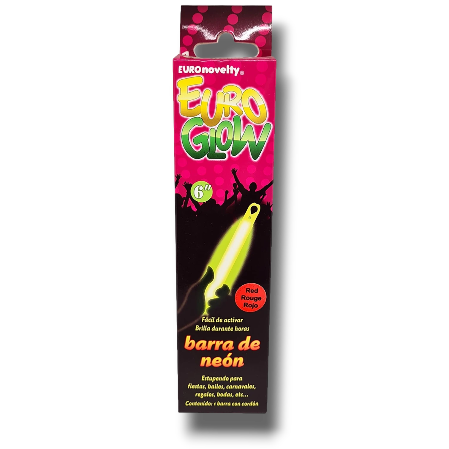 Barra de neón Glow de 6 pulgadas de PartyStore en su empaque original, ideal para fiestas y eventos nocturnos.