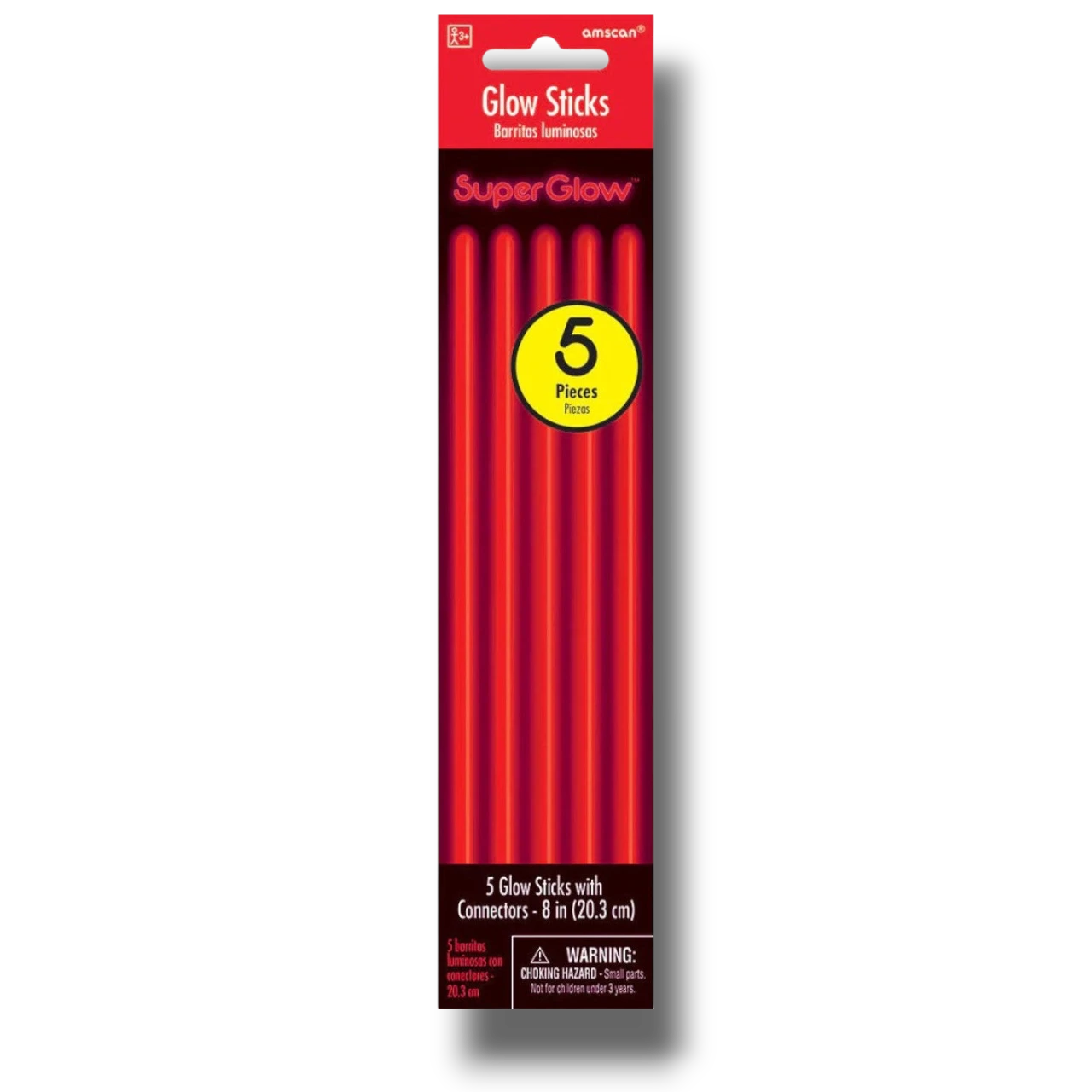 Paquete de 5 barras luminosas neón rojas de PartyStore con conectores, ideales para fiestas y eventos nocturnos.