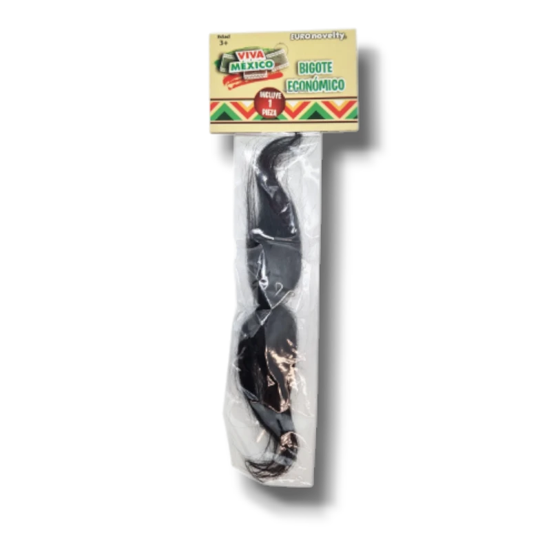 Bigote postizo negro de PartyStore en empaque individual para disfraz de estilo mexicano