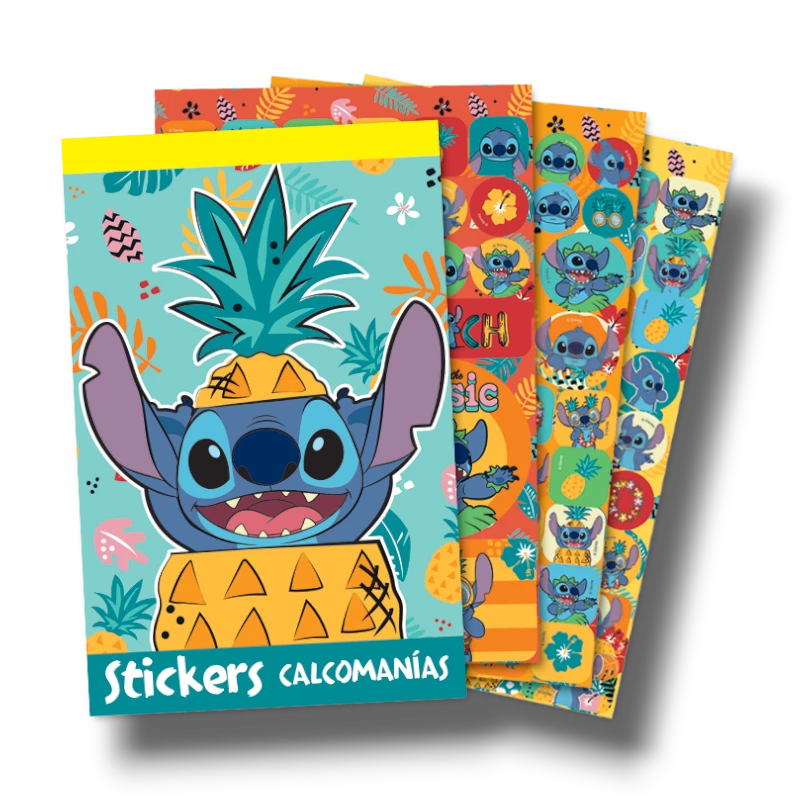 Block de stickers PartyStore con diseño de Stitch y piñas en colores azul, naranja y amarillo