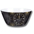Bol de fiesta PartyStore negro con diseño de reloj de cuenta regresiva para Año Nuevo y detalles de fuegos artificiales