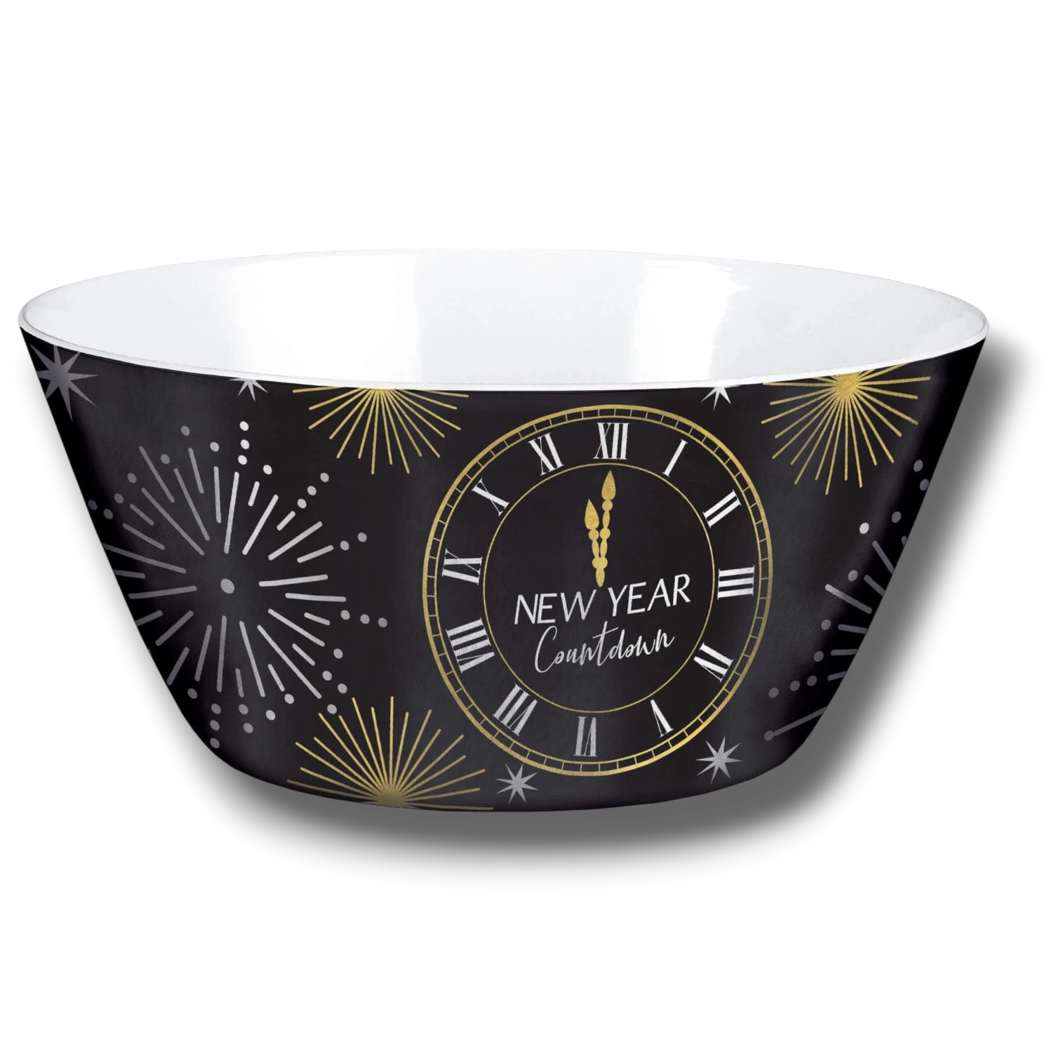 Bol de fiesta PartyStore negro con diseño de reloj de cuenta regresiva para Año Nuevo y detalles de fuegos artificiales
