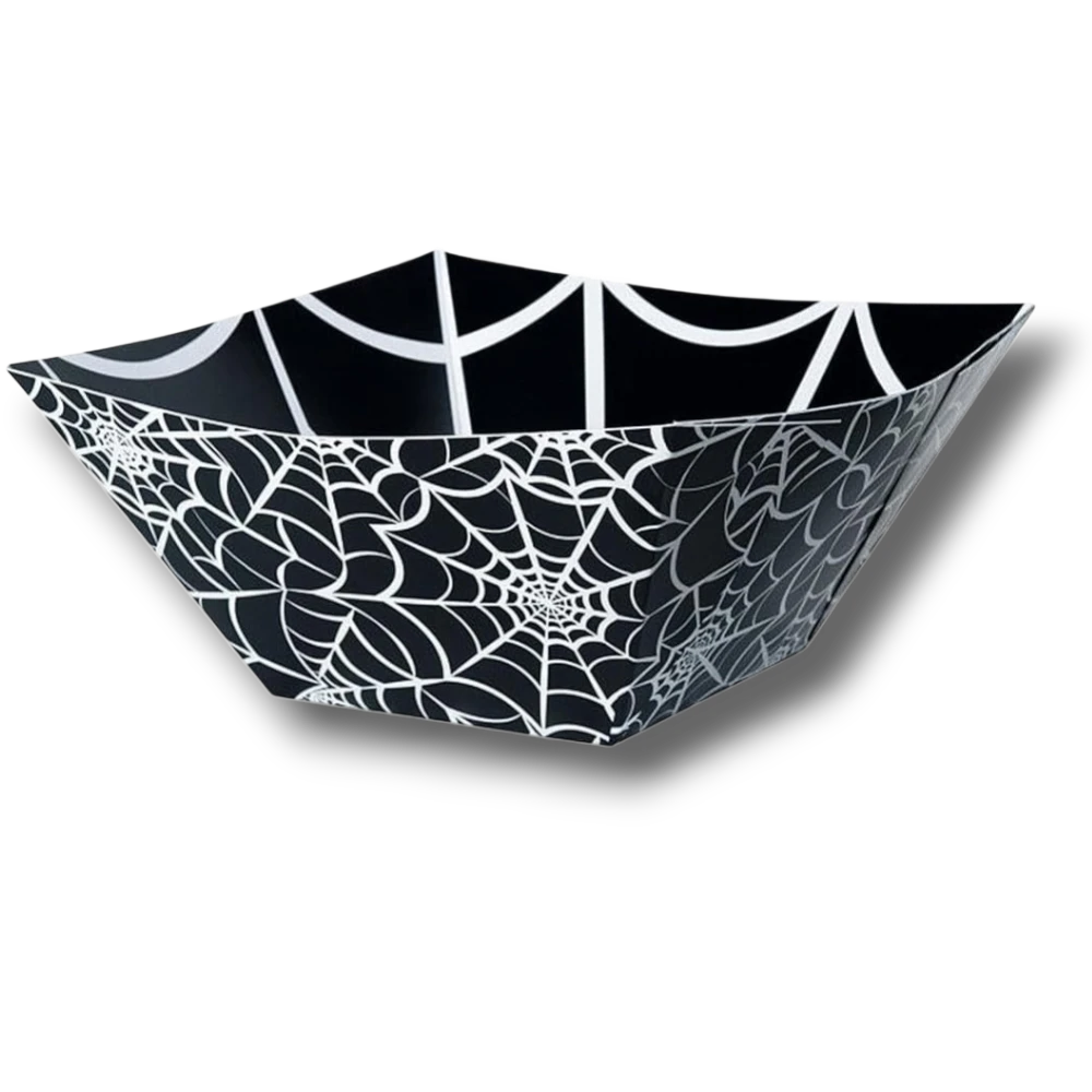 Bol de cartón PartyStore con diseño de telarañas blancas sobre fondo negro para fiestas de Halloween