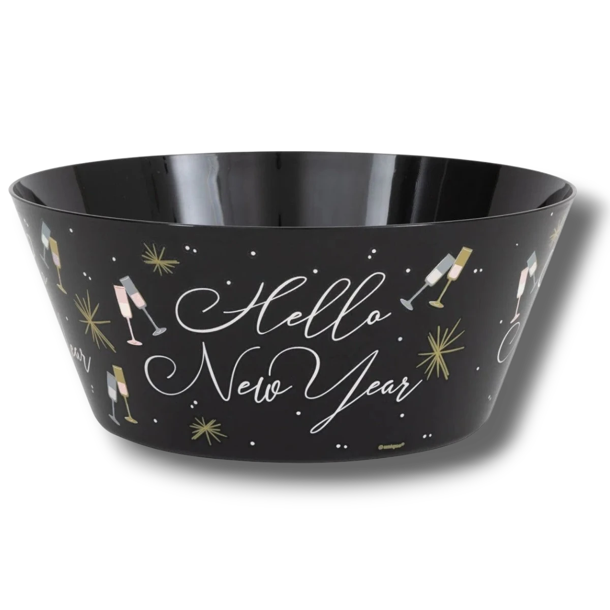 Bol de plástico negro PartyStore con diseño festivo Hello New Year, copas de champán y estrellas doradas