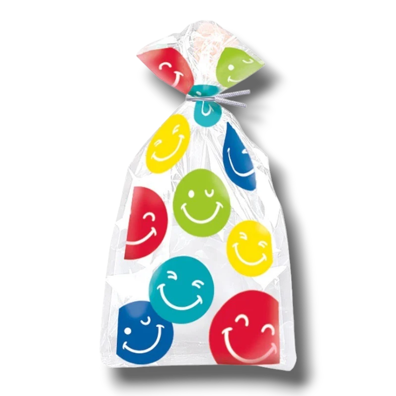 Bolsa de celofán transparente PartyStore con estampado de caritas sonrientes coloridas para dulces y regalos