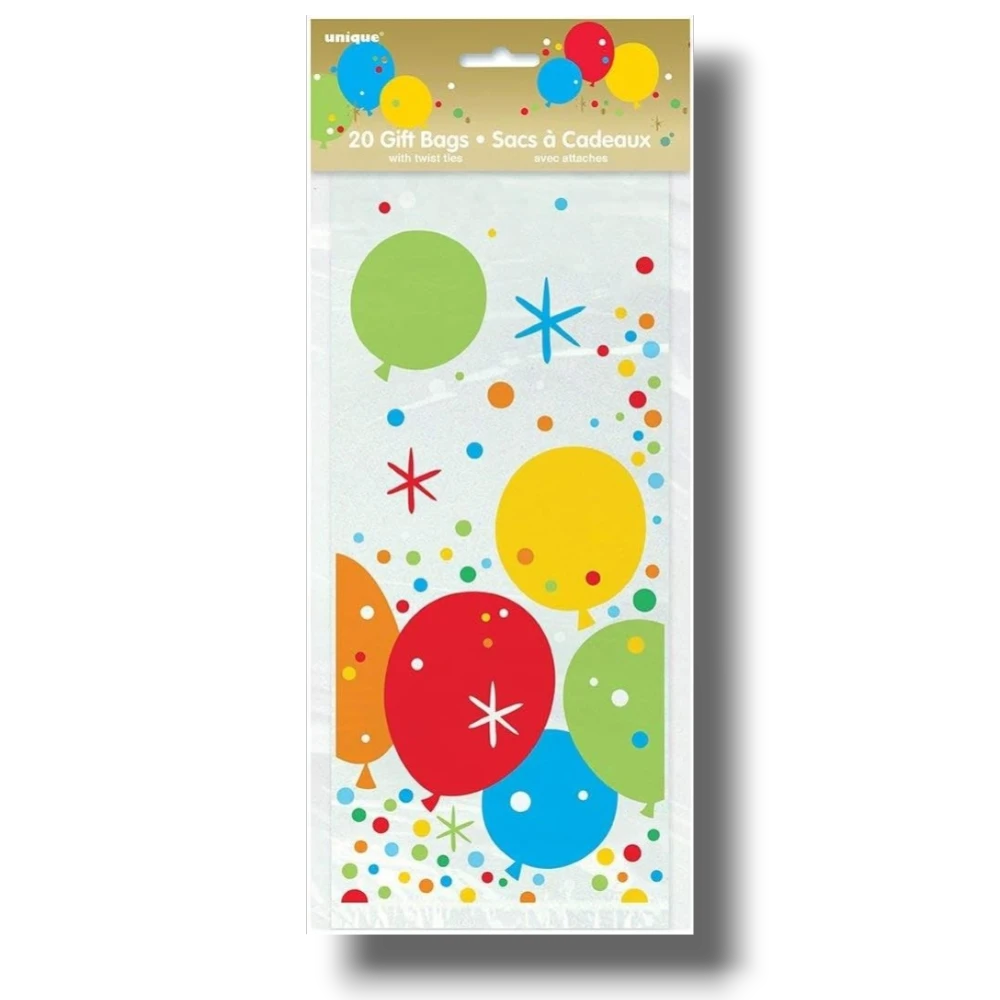 Bolsa de celofán PartyStore con diseño de globos coloridos y confeti, paquete de 20 unidades con cierres incluidos.
