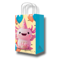 Bolsa dulcera PartyStore con diseño de axolote rosa, pastel de cumpleaños y globos, ideal para fiestas infantiles.