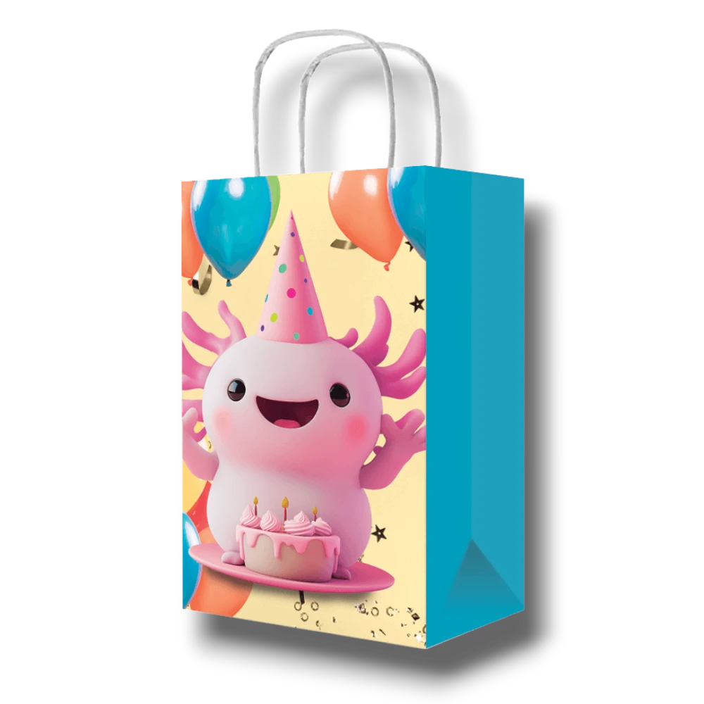 Bolsa dulcera PartyStore con diseño de axolote rosa, pastel de cumpleaños y globos, ideal para fiestas infantiles.