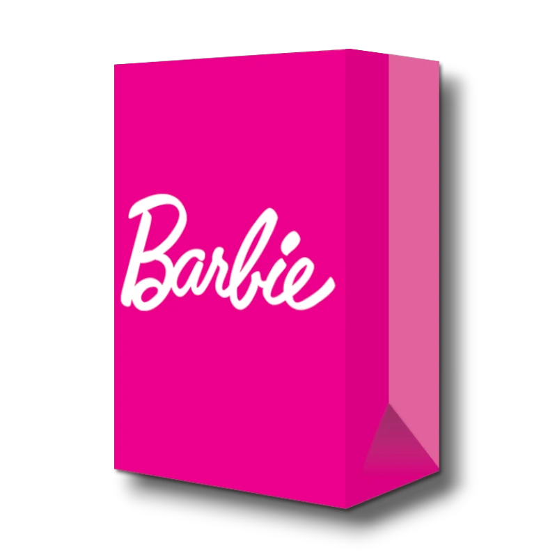 Bolsa dulcera PartyStore de color rosa intenso con el logotipo de Barbie en blanco, ideal para fiestas infantiles.