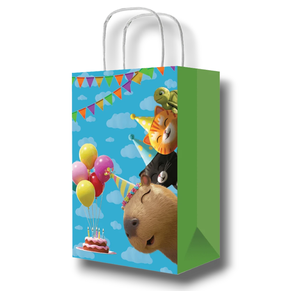 Bolsa dulcera PartyStore con diseño de capibara, gato y tortuga en fiesta, fondo azul con globos y pastel