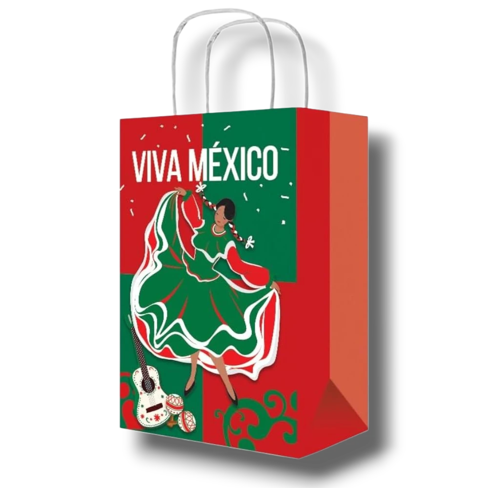 Bolsa dulcera PartyStore de papel con diseño de bailarina mexicana, colores verde y rojo y texto Viva México