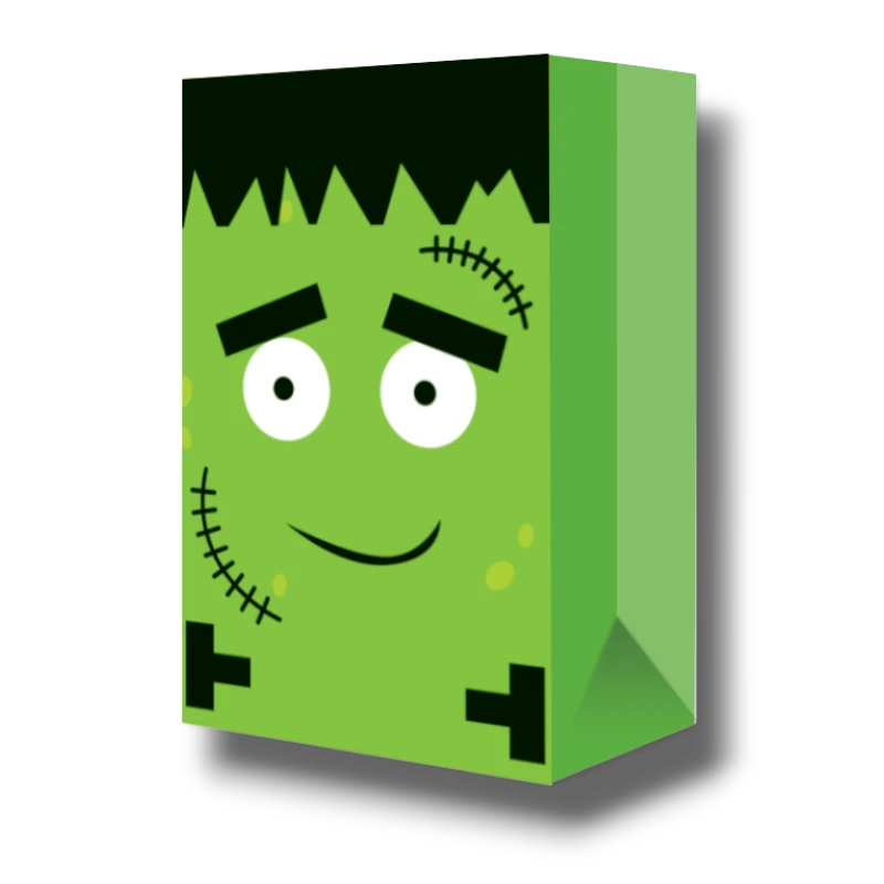 Bolsa dulcera PartyStore con diseño de cara de Frankenstein verde para fiestas de Halloween