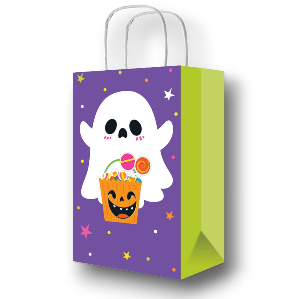 Bolsa dulcera PartyStore de papel morada con diseño de fantasma y calabaza para Halloween