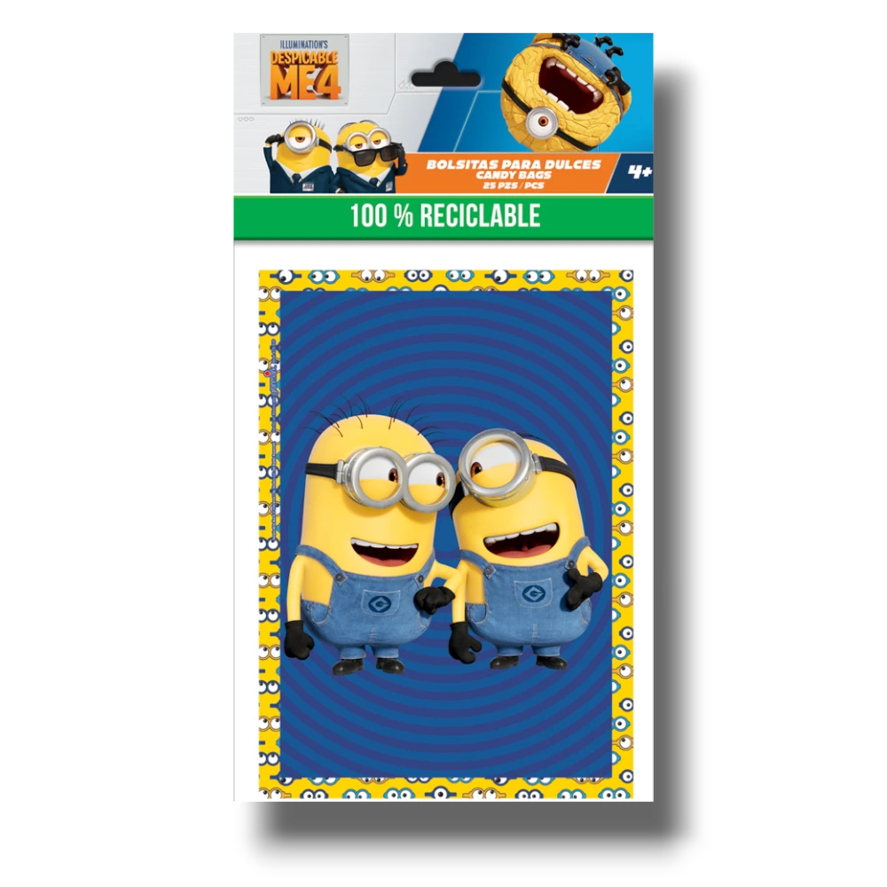 Bolsa dulcera PartyStore de Mi Villano Favorito con diseño de Minions sobre fondo azul y marco amarillo