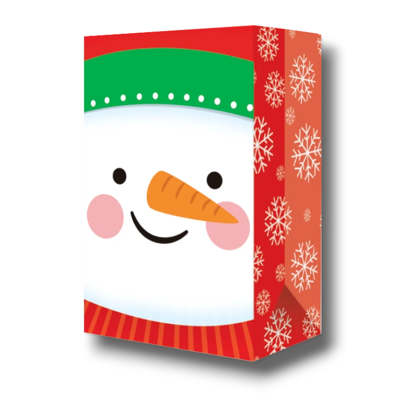 Bolsa dulcera PartyStore con diseño de cara de muñeco de nieve, colores navideños y estampado de copos de nieve