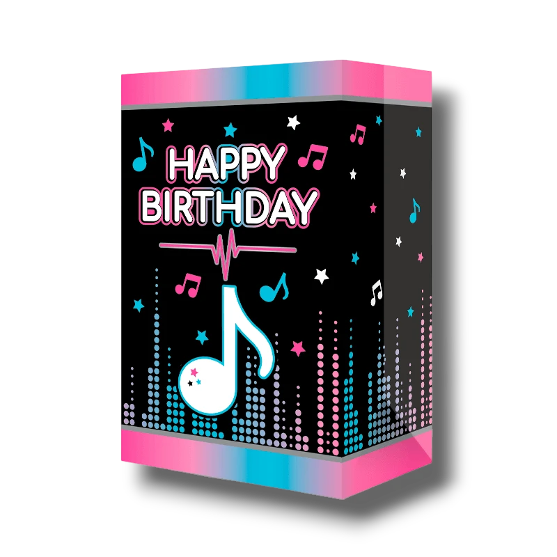 Bolsa dulcera PartyStore con diseño musical Happy Birthday en colores neón sobre fondo negro